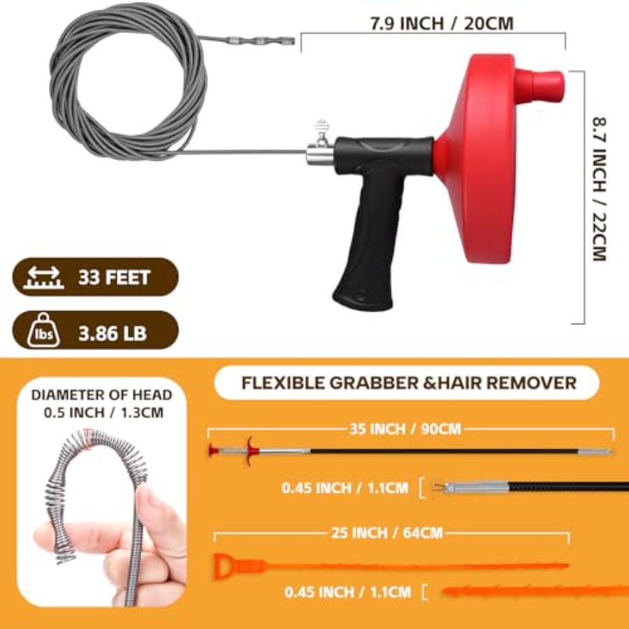 【Spot goods】Drain Auger 33 ft  - đánh giá và giá Drain Snake Flexible
